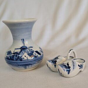 Vintage Bud Vase and Shoes / Clogs by Delft of Holland